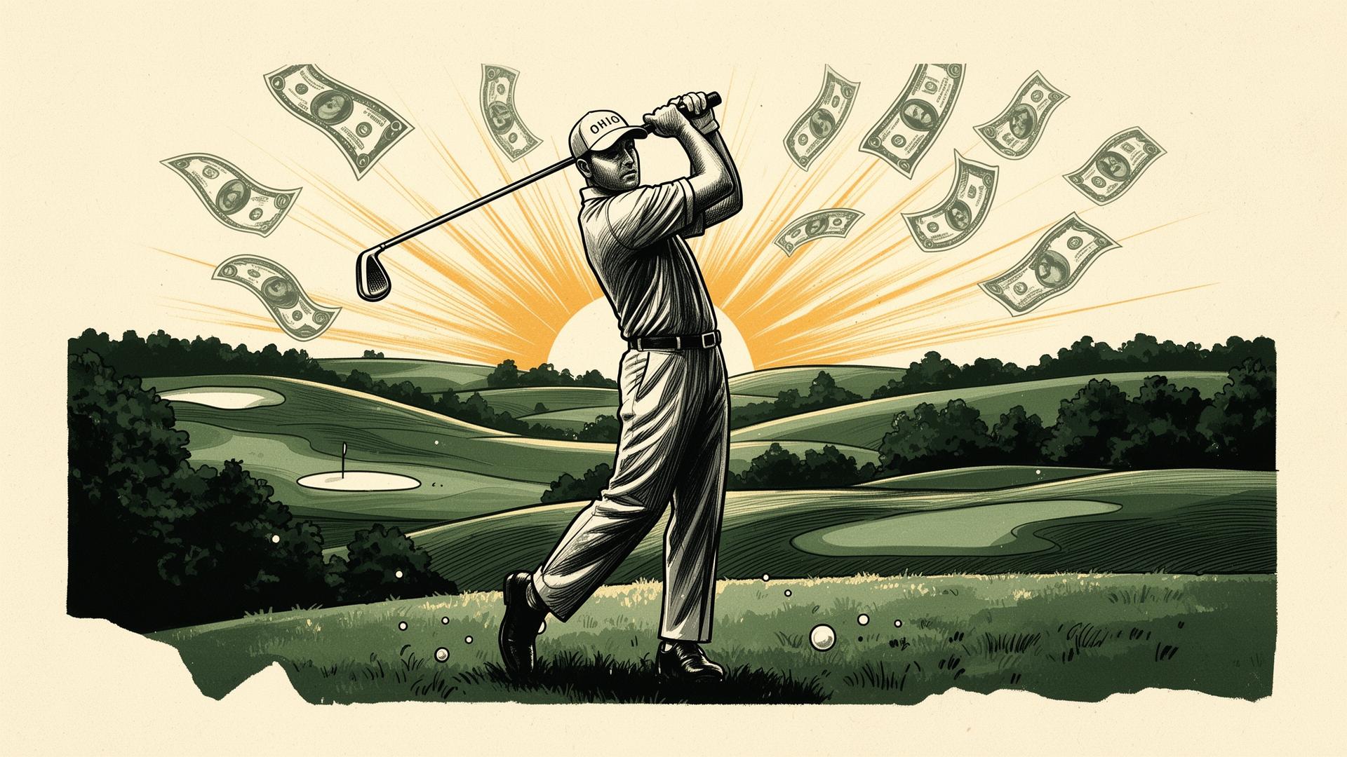 Vintage sports-page illustration of a triumphant golfer mid-swing with dollar bills fluttering in the air